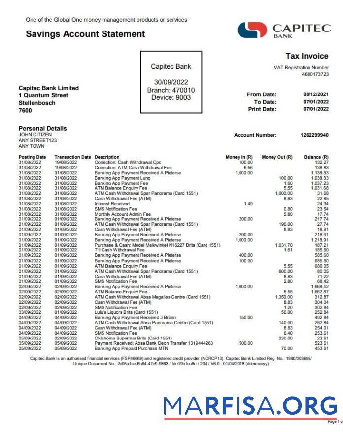 Blank USA Capitec bank statement word real example
